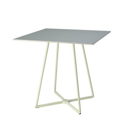 Front angled view of the S•CAB Atomo Bistro Table Base with a square tabletop, four-leg central base, and contemporary minimalist design.