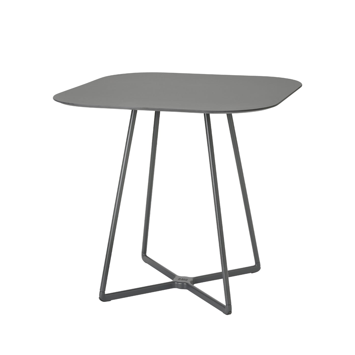 Front angled view of the S•CAB Atomo Bistro Table Base with a square grey tabletop and geometric four-leg metal base.