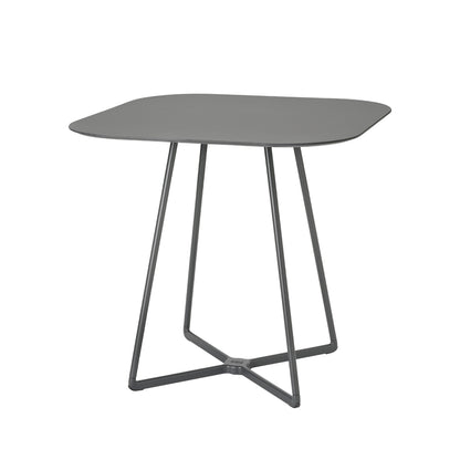 Front angled view of the S•CAB Atomo Bistro Table Base with a square grey tabletop and geometric four-leg metal base.