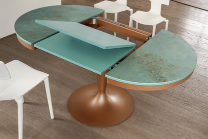pedestal table extension mechanism showing internal leaf system