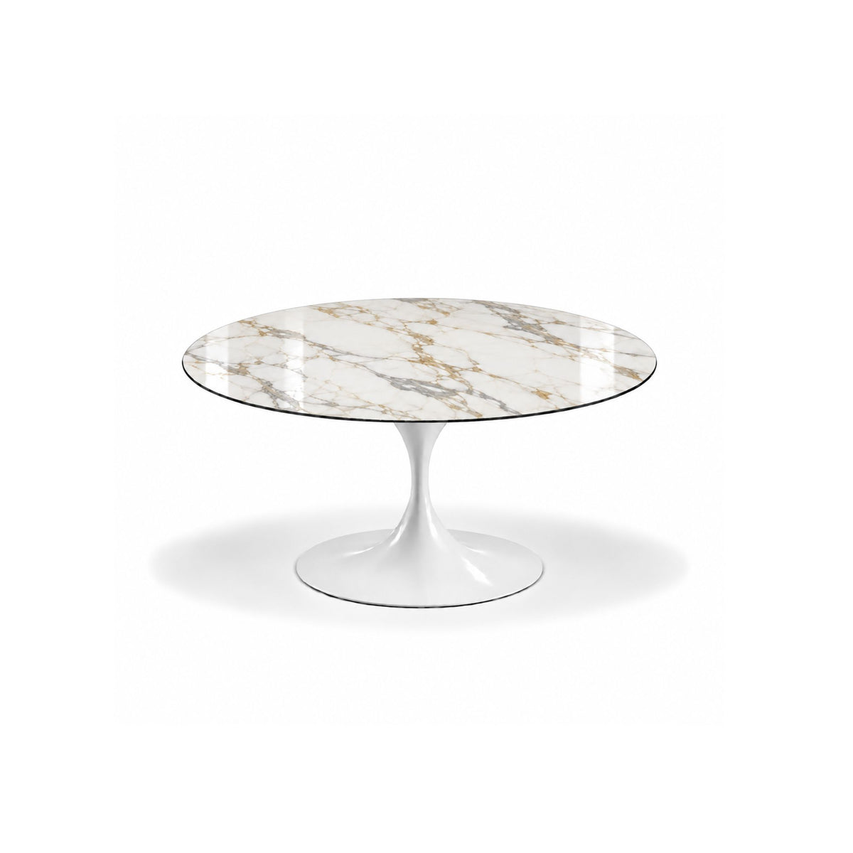 Aurora Calacatta Tulip coffee table featuring a polished Calacatta Gold marble tabletop with elegant gold and grey veining, paired with a glossy white tulip pedestal base for luxury modern, contemporary, Scandinavian, and mid-century living room interiors.