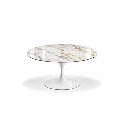 Aurora Calacatta Tulip coffee table featuring a polished Calacatta Gold marble tabletop with elegant gold and grey veining, paired with a glossy white tulip pedestal base for luxury modern, contemporary, Scandinavian, and mid-century living room interiors.