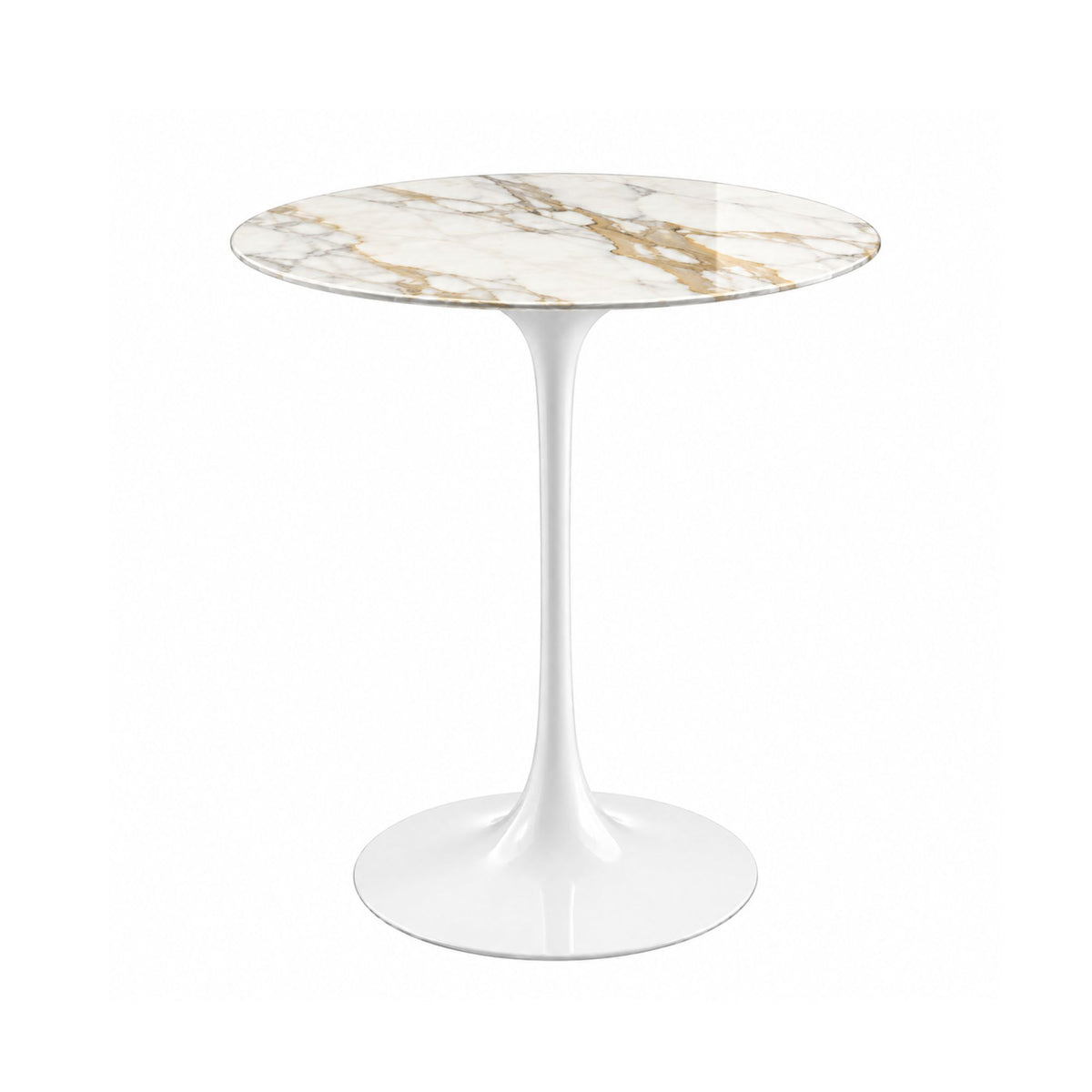 Aurora Gold Tulip side table featuring a polished Calacatta Oro marble tabletop with elegant gold and soft grey veining, paired with a glossy white tulip pedestal base. A luxury Italian designer side table for modern, contemporary, Scandinavian, and mid-century living room interiors.