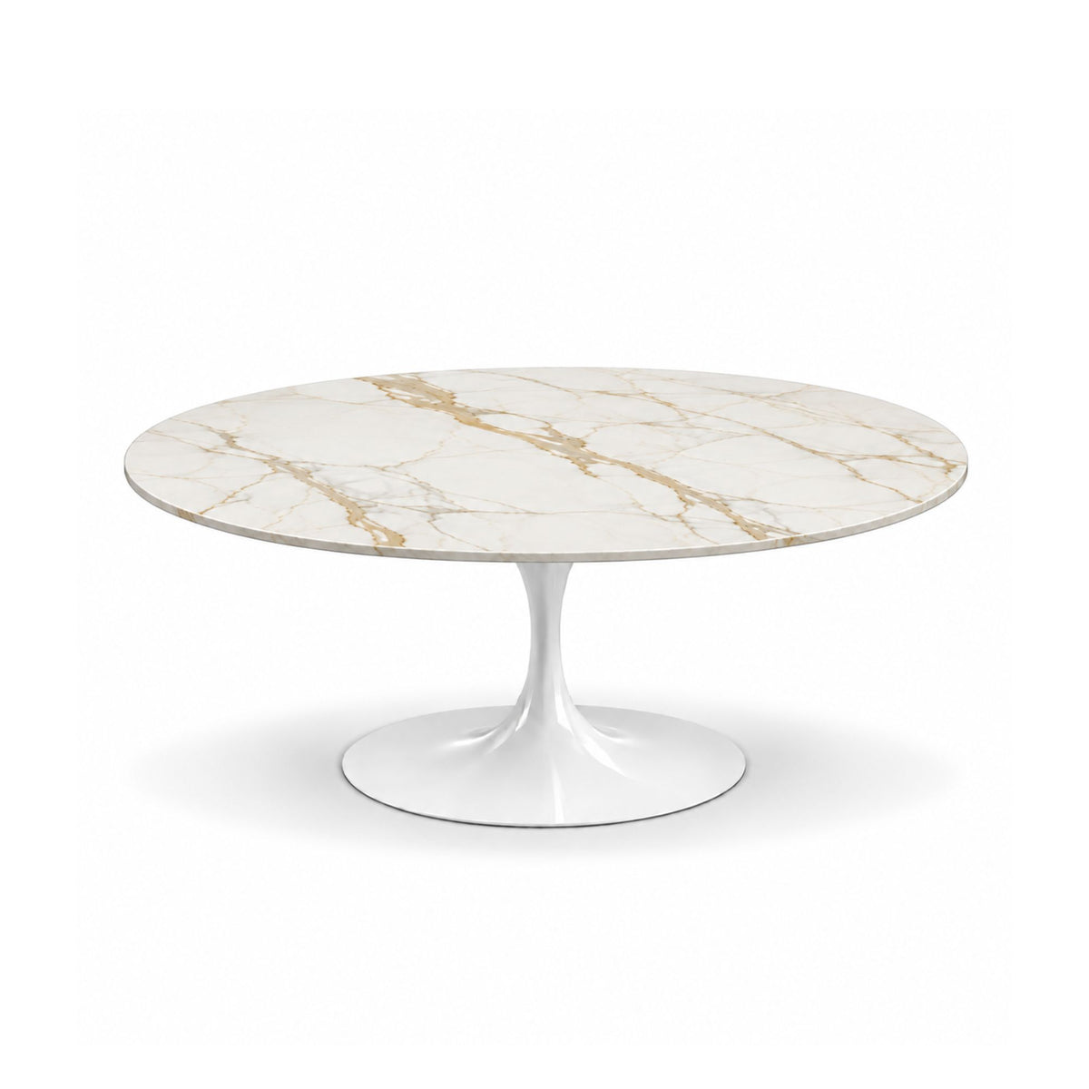 Aurora Tulip coffee table featuring a polished Calacatta Oro marble tabletop with elegant gold and grey veining and a white tulip pedestal base, perfect for luxury modern, contemporary, and mid-century living room interiors.