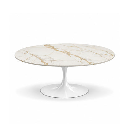 Aurora Tulip coffee table featuring a polished Calacatta Oro marble tabletop with elegant gold and grey veining and a white tulip pedestal base, perfect for luxury modern, contemporary, and mid-century living room interiors.