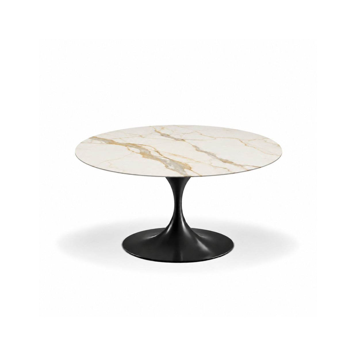 Aurum Calacatta Tulip coffee table featuring a polished Calacatta Gold marble tabletop with elegant gold and grey veining and a glossy black tulip pedestal base, perfect for luxury modern, contemporary, and mid-century living room interiors.