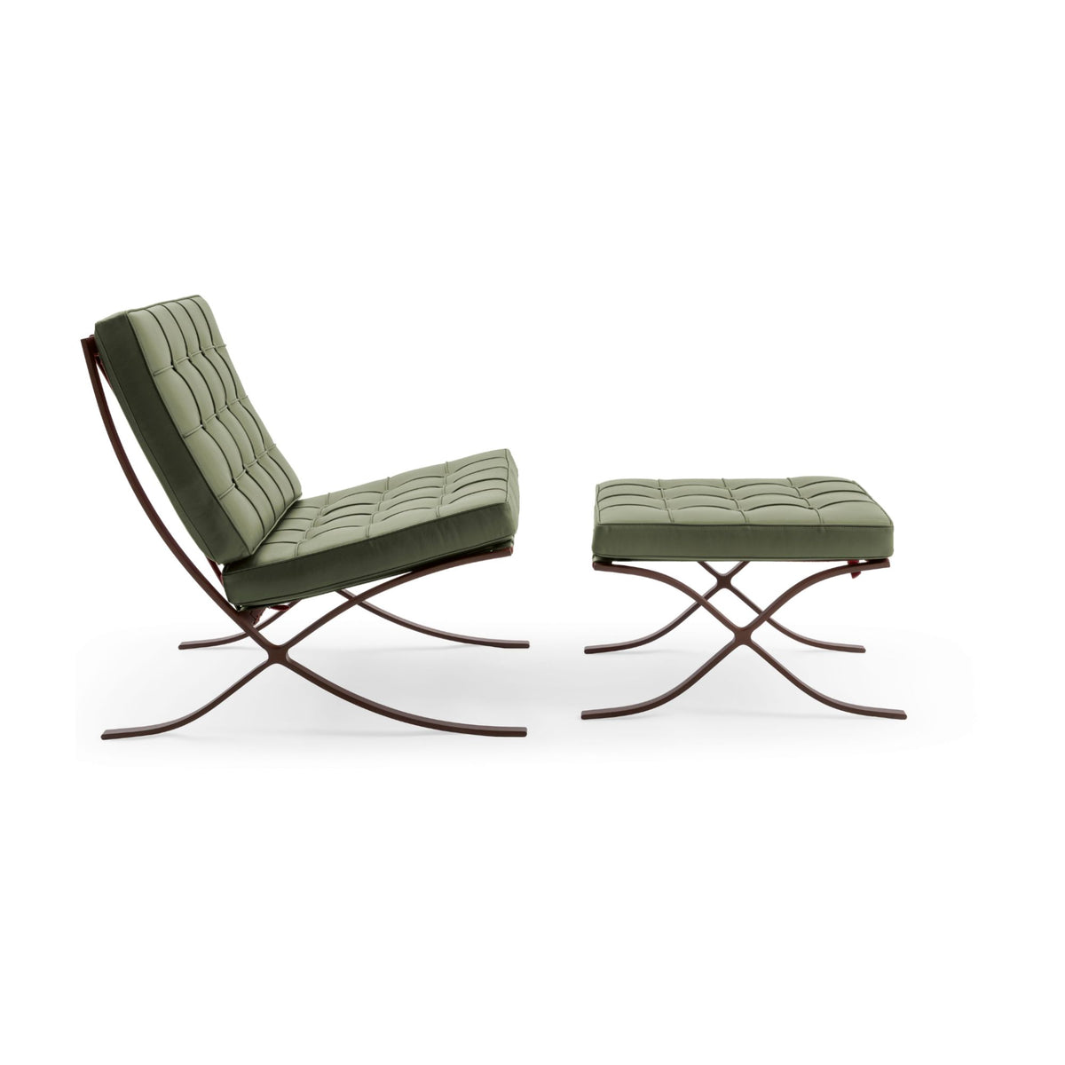 Barcelona Chair with matching ottoman upholstered in olive green tufted leather on a dark bronze steel frame, modern luxury lounge chair and footstool for contemporary living rooms, offices and designer interiors