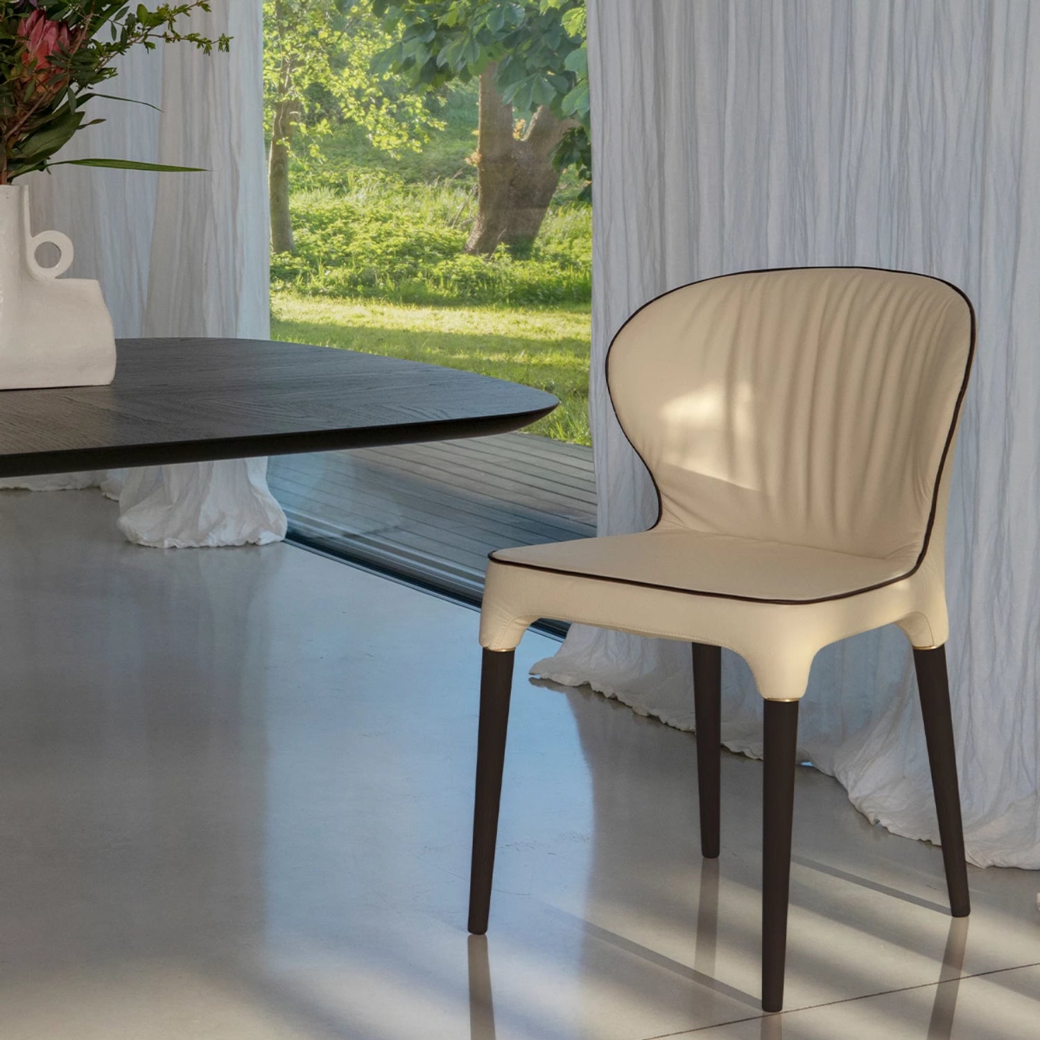 Bea Elegant Leather & Fabric with Wood Finish Chair