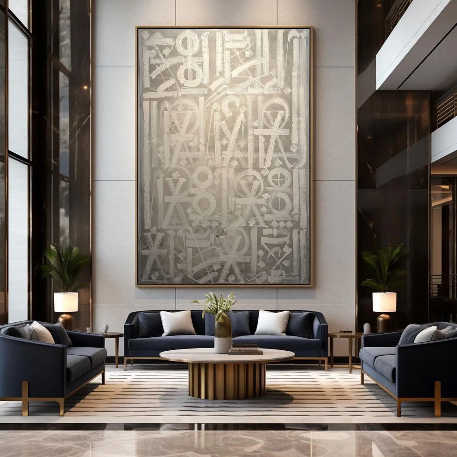 Modern living room with dark blue sofa, gray armchair, and abstract wall art.