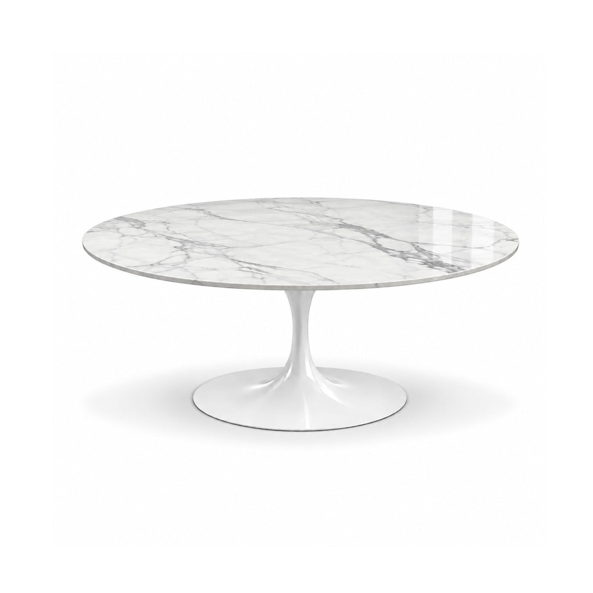 Bellagio Tulip coffee table featuring a polished Arabescato marble tabletop with distinctive grey veining and a white tulip pedestal base, ideal for luxury modern, contemporary, and mid-century living room interiors.