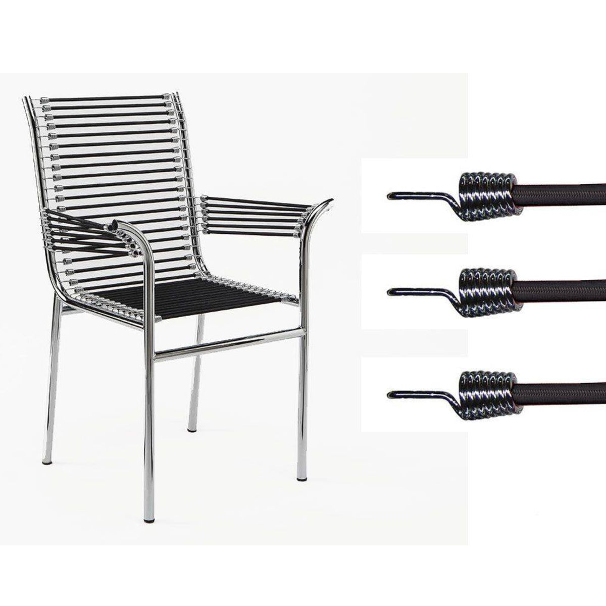 Close-up of a Belotti-inspired Spaghetti armchair featuring a polished chrome tubular steel frame, black PVC cord seat and backrest with coiled cord fixing details, highlighting the craftsmanship and iconic Italian modern design.