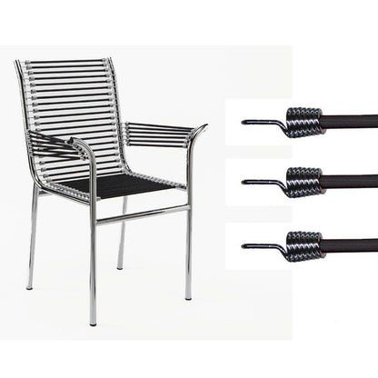 Close-up of a Belotti-inspired Spaghetti armchair featuring a polished chrome tubular steel frame, black PVC cord seat and backrest with coiled cord fixing details, highlighting the craftsmanship and iconic Italian modern design.