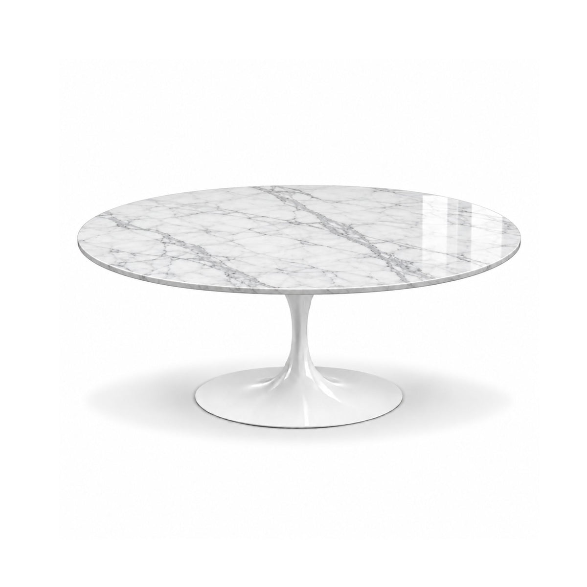 Bianco Tulip coffee table featuring a polished Statuario marble tabletop with refined grey veining and a white tulip pedestal base, ideal for luxury modern, contemporary, and mid-century living room interiors.