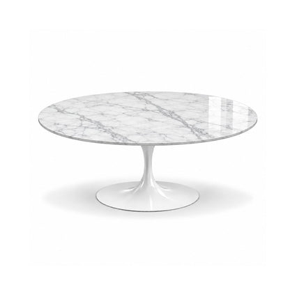 Bianco Tulip coffee table featuring a polished Statuario marble tabletop with refined grey veining and a white tulip pedestal base, ideal for luxury modern, contemporary, and mid-century living room interiors.
