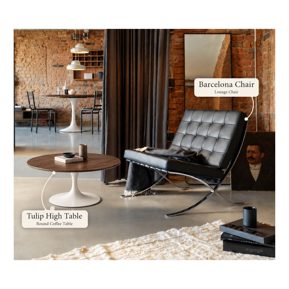 Black Barcelona lounge chair paired with a walnut round Tulip coffee table featuring a white pedestal base in a contemporary loft living room with exposed brick walls and modern décor.