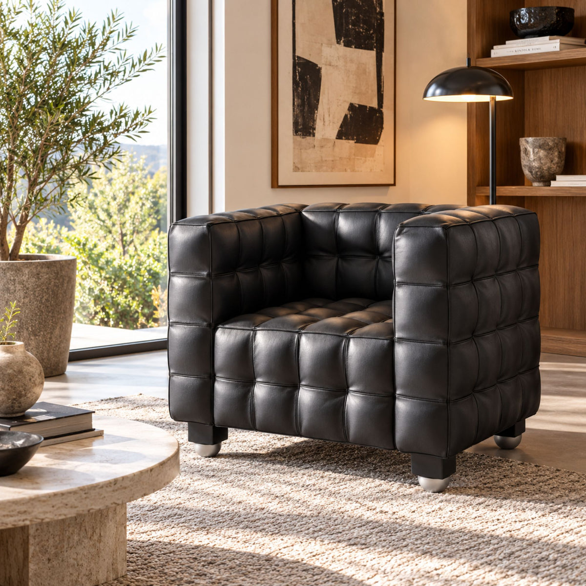 Black cube modular leather armchair with deep square tufted upholstery and contemporary geometric design, ideal for luxury modern living rooms, hotel lounges and reception areas.