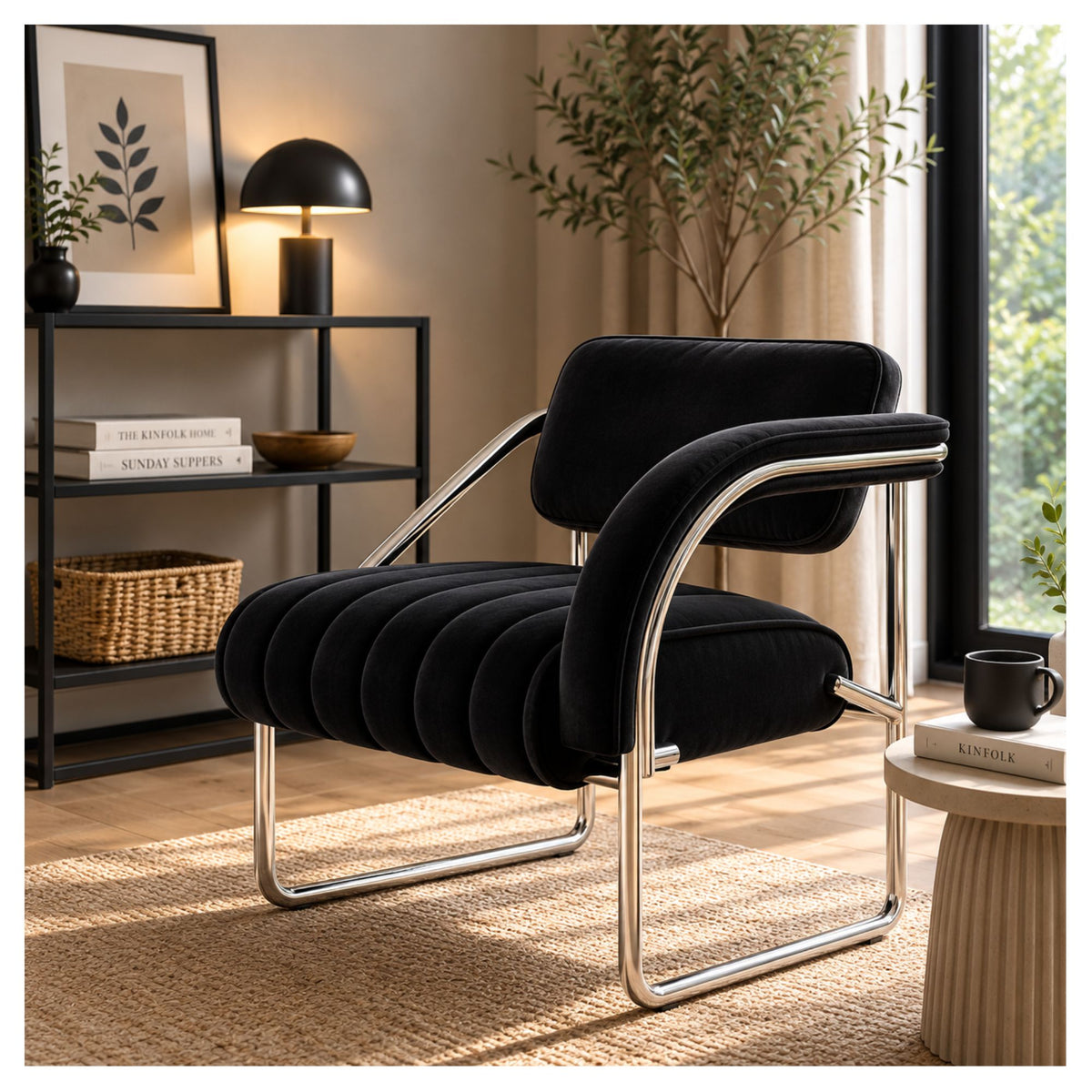 Black leather armchair with a chrome tubular steel frame in a modern office interior