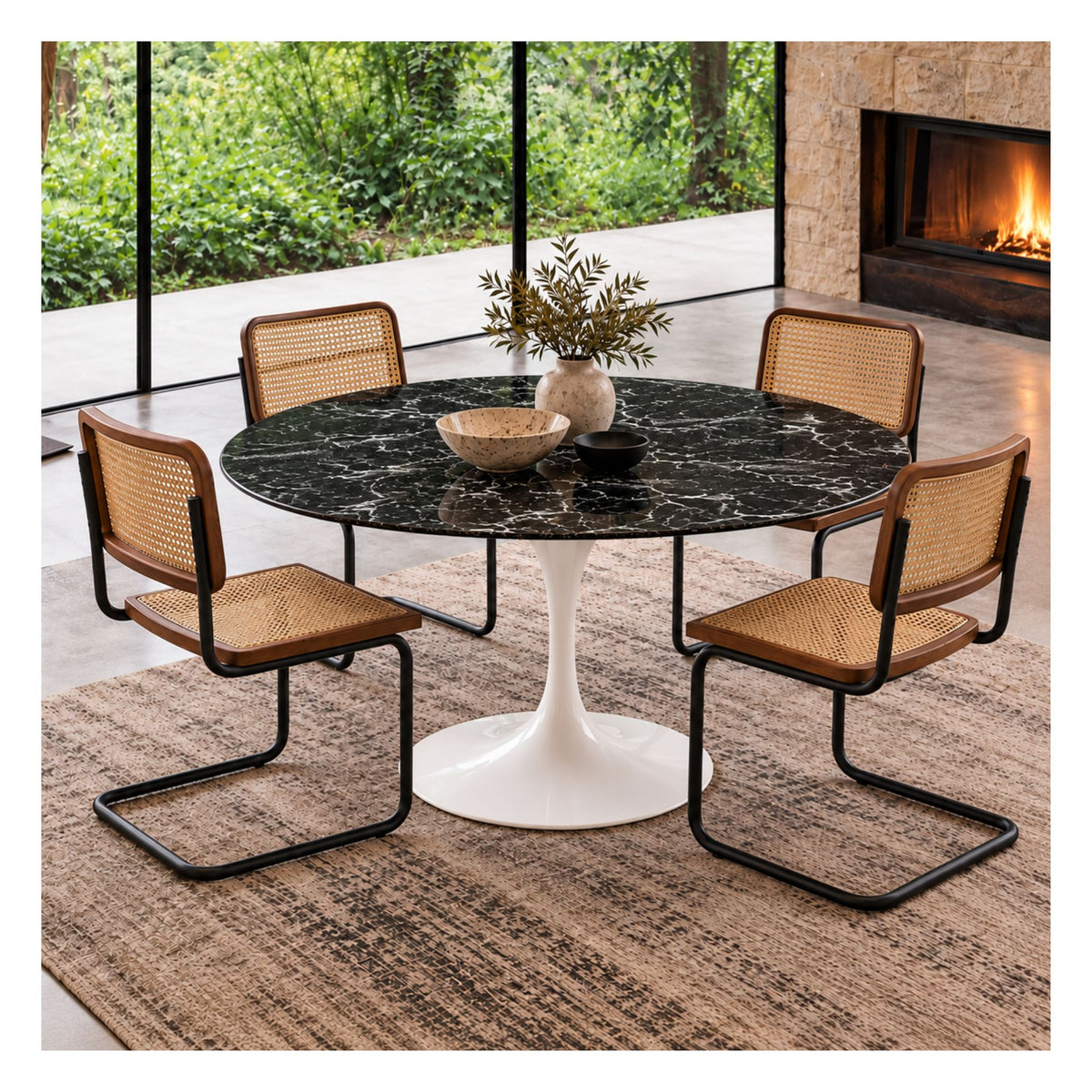 Black marble round Eero Saarinen Tulip dining table with a white pedestal base paired with four Cesca dining chairs featuring natural cane seats, walnut wood frames, and black cantilever steel legs in a modern dining room.