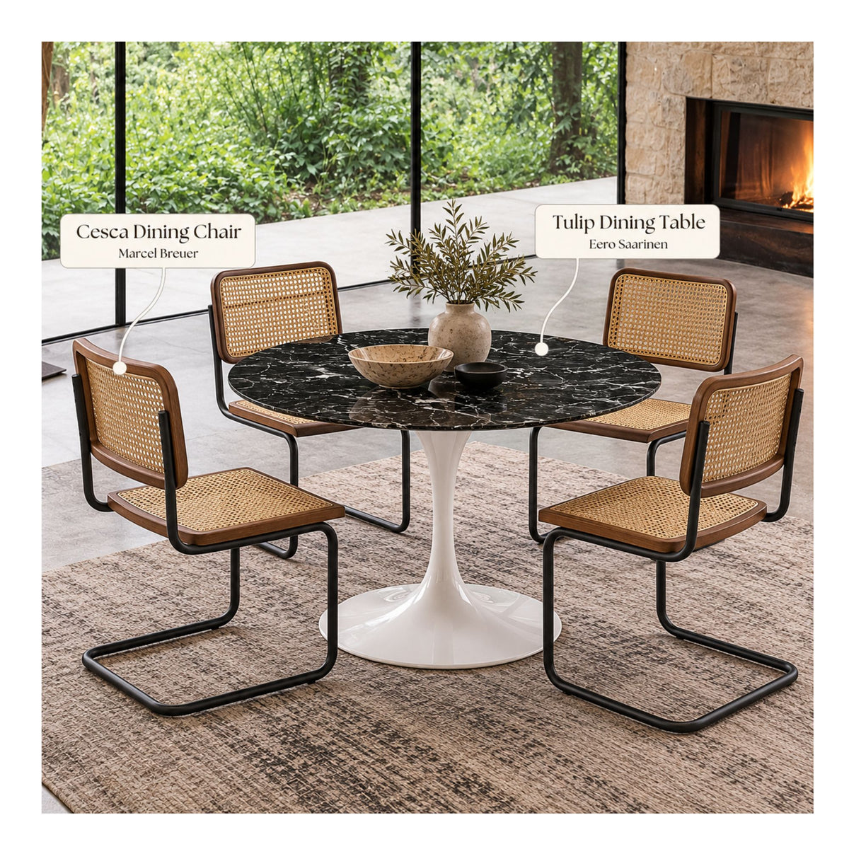 Black marble round Eero Saarinen Tulip dining table with a white pedestal base paired with four Cesca dining chairs featuring natural cane seats, walnut wood frames, and black cantilever steel legs in a modern dining room.