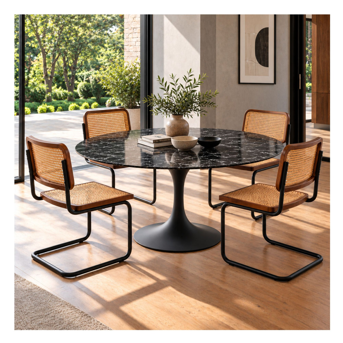 Black round Eero Saarinen Tulip dining table with a black pedestal base paired with four Cesca dining chairs featuring natural cane seats, walnut wood frames, and black cantilever steel frames in a contemporary dining room.
