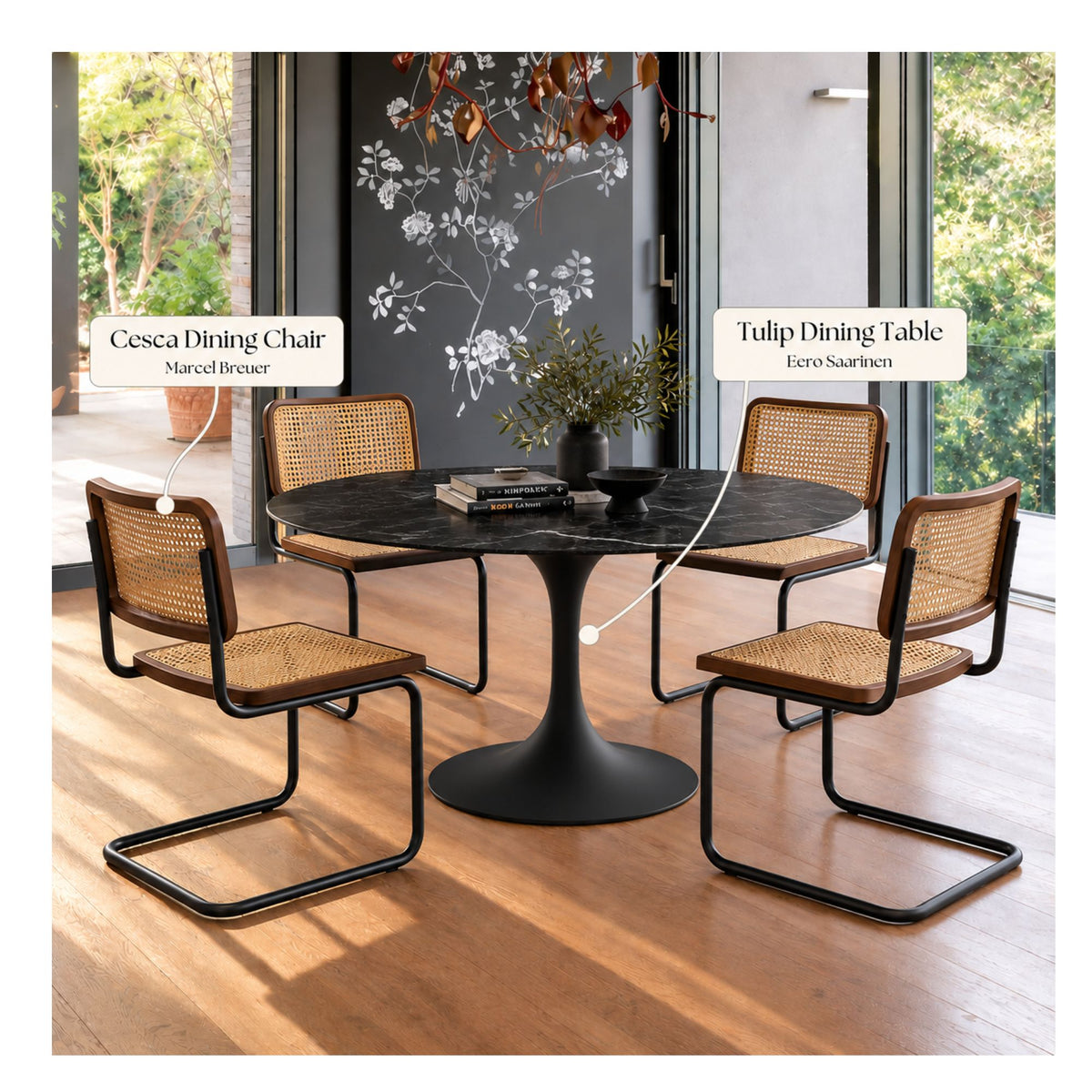 Black round Eero Saarinen Tulip dining table with a black pedestal base paired with four Cesca dining chairs featuring natural cane seats, walnut wood frames, and black cantilever steel frames in a contemporary dining room.