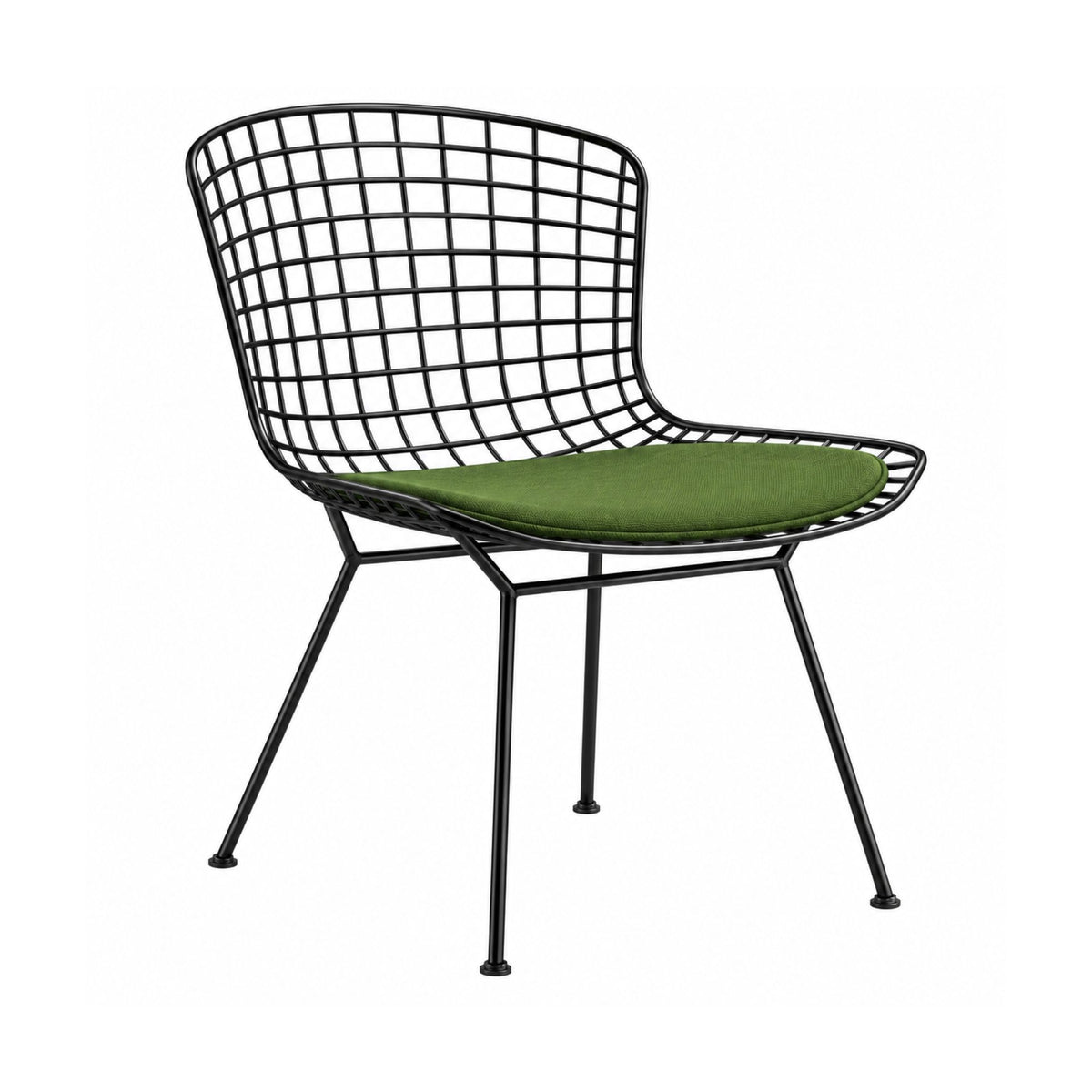 Black wire frame chair with a dark green seat cushion on a white background