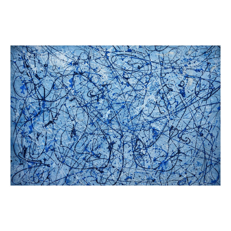 Abstract art piece with blue and black scribbles on a light blue background
