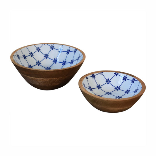 Artisan Blue and White Wooden Bowl Set of 2