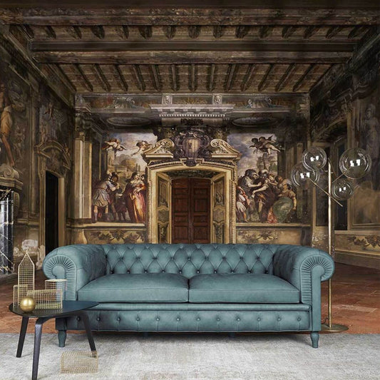 Blue-grey Chesterfield 3-seater leather sofa with deep diamond button tufting, rolled scroll arms, plush seat cushions and classic British design, ideal for luxury living rooms, hotels, executive lounges and traditional or contemporary interiors.