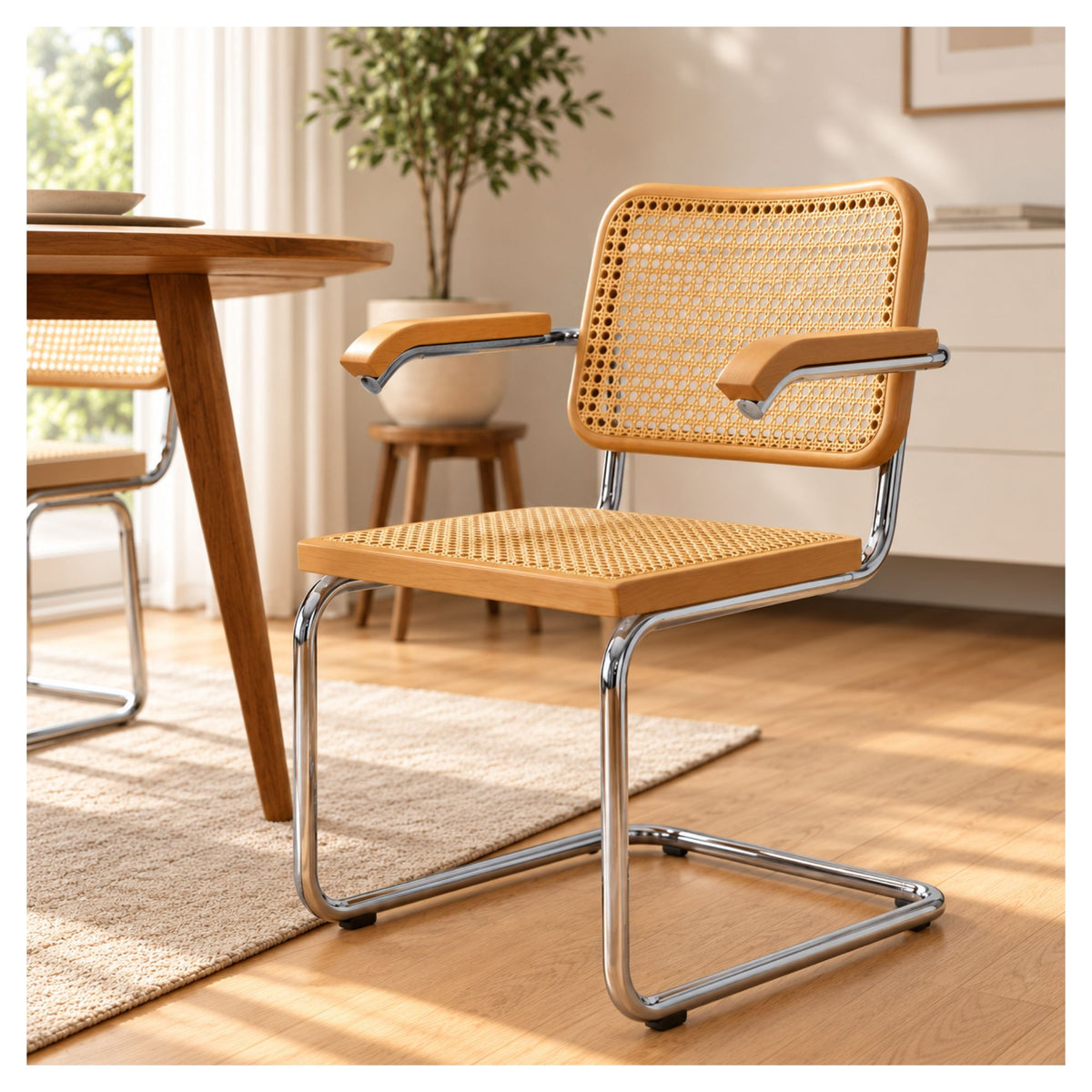 Cane armchair with beech wood armrests and a chrome cantilever frame beside a dining table