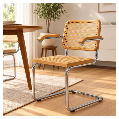 Cane armchair with beech wood armrests and a chrome cantilever frame beside a dining table