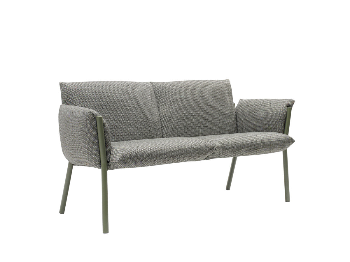 Front angled view of the Brezza 2900 two-seat sofa with grey textured upholstery and slim sage green metal legs.