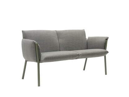 Front angled view of the Brezza 2900 two-seat sofa with grey textured upholstery and slim sage green metal legs.