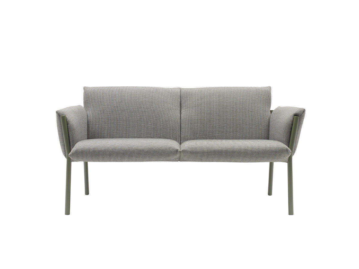 Front view of the Brezza 2900 two-seat sofa with grey textured upholstery, integrated armrests, and slim sage green metal legs.