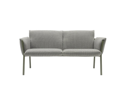 Front view of the Brezza 2900 two-seat sofa with grey textured upholstery, integrated armrests, and slim sage green metal legs.