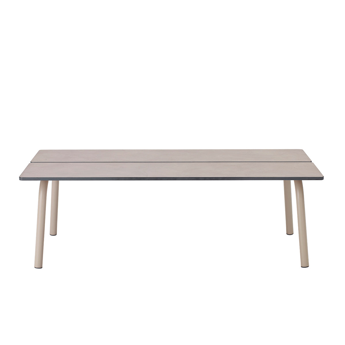 Front view of the S•CAB Brezza outdoor coffee table with a slatted rectangular tabletop and rounded legs in a taupe finish.