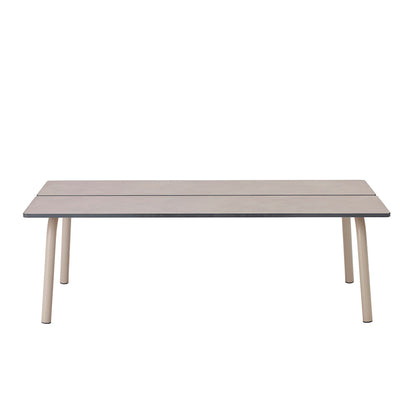Front view of the S•CAB Brezza outdoor coffee table with a slatted rectangular tabletop and rounded legs in a taupe finish.