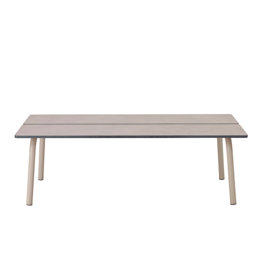 Front view of the S•CAB Brezza outdoor coffee table with a slatted rectangular tabletop and rounded legs in a taupe finish.