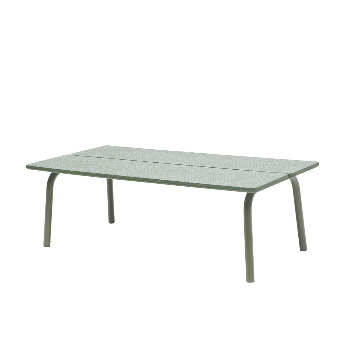 Front angled view of the S•CAB Brezza outdoor coffee table with a textured sage green glass tabletop and rounded metal legs.