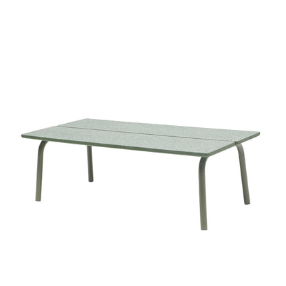 Front angled view of the S•CAB Brezza outdoor coffee table with a textured sage green glass tabletop and rounded metal legs.