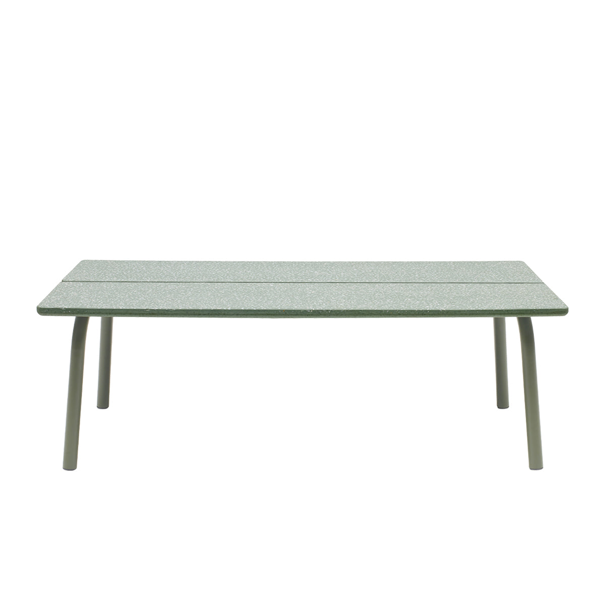 Front view of the S•CAB Brezza outdoor coffee table with a textured sage green glass tabletop and rounded metal legs.