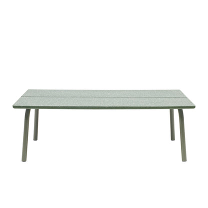Front view of the S•CAB Brezza outdoor coffee table with a textured sage green glass tabletop and rounded metal legs.