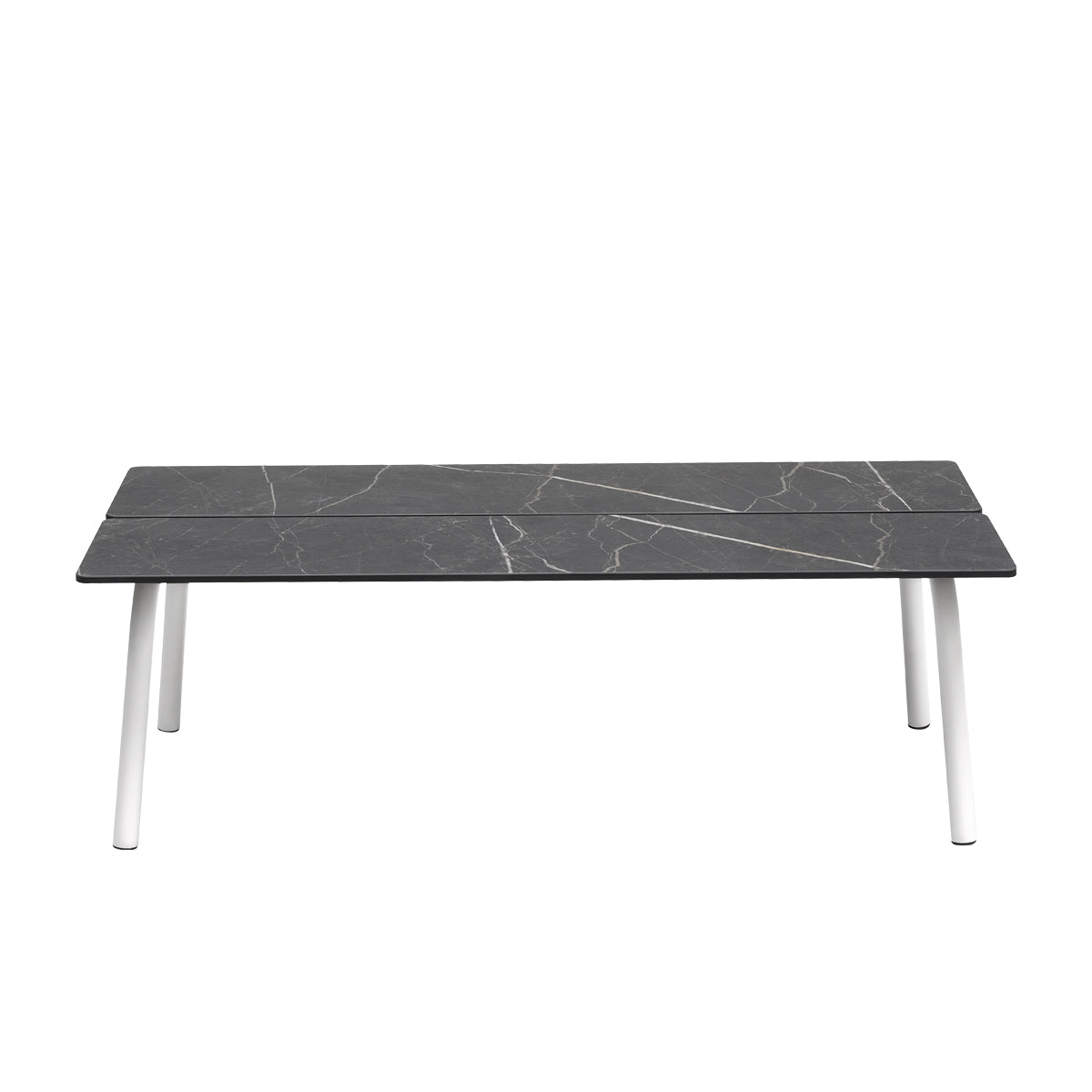 Front view of the S•CAB Brezza outdoor coffee table with a dark marble-effect rectangular tabletop and white rounded metal legs.