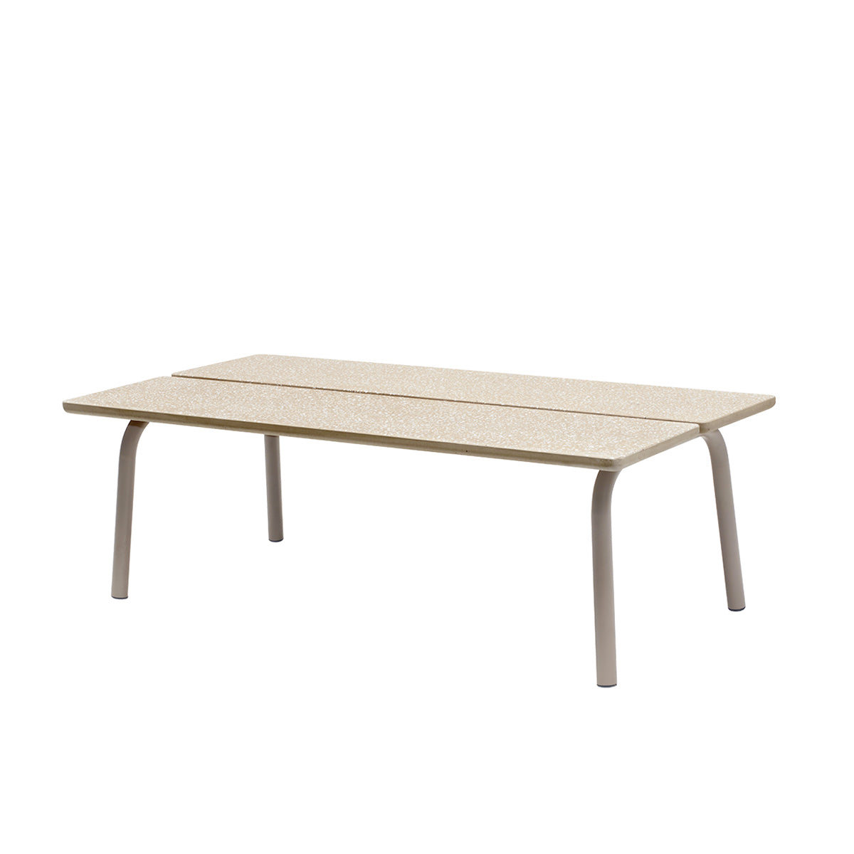 Front angled view of the S•CAB Brezza outdoor coffee table with a textured sand-coloured glass tabletop and rounded metal legs.