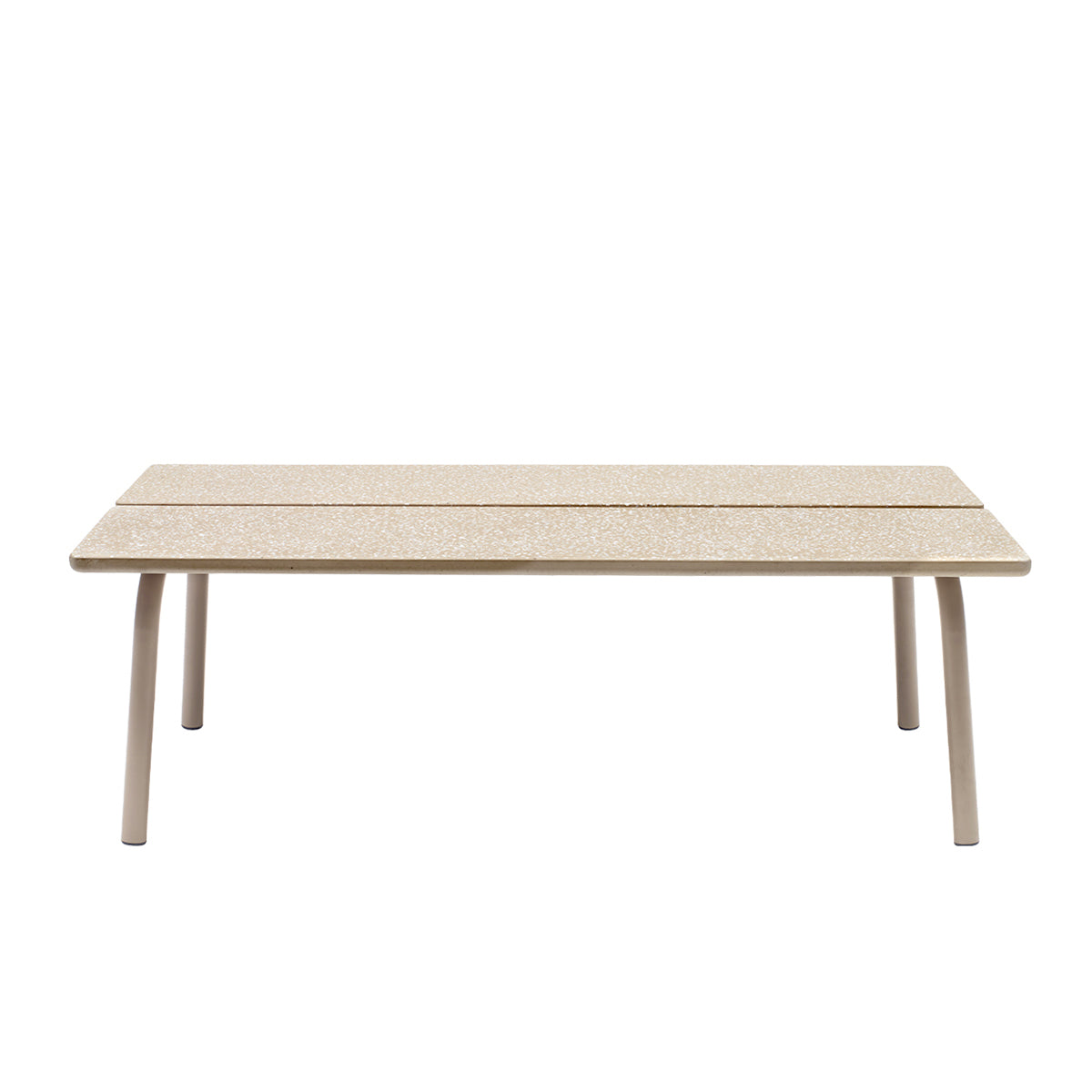 Front view of the S•CAB Brezza outdoor coffee table with a textured sand-coloured tabletop and rounded legs.