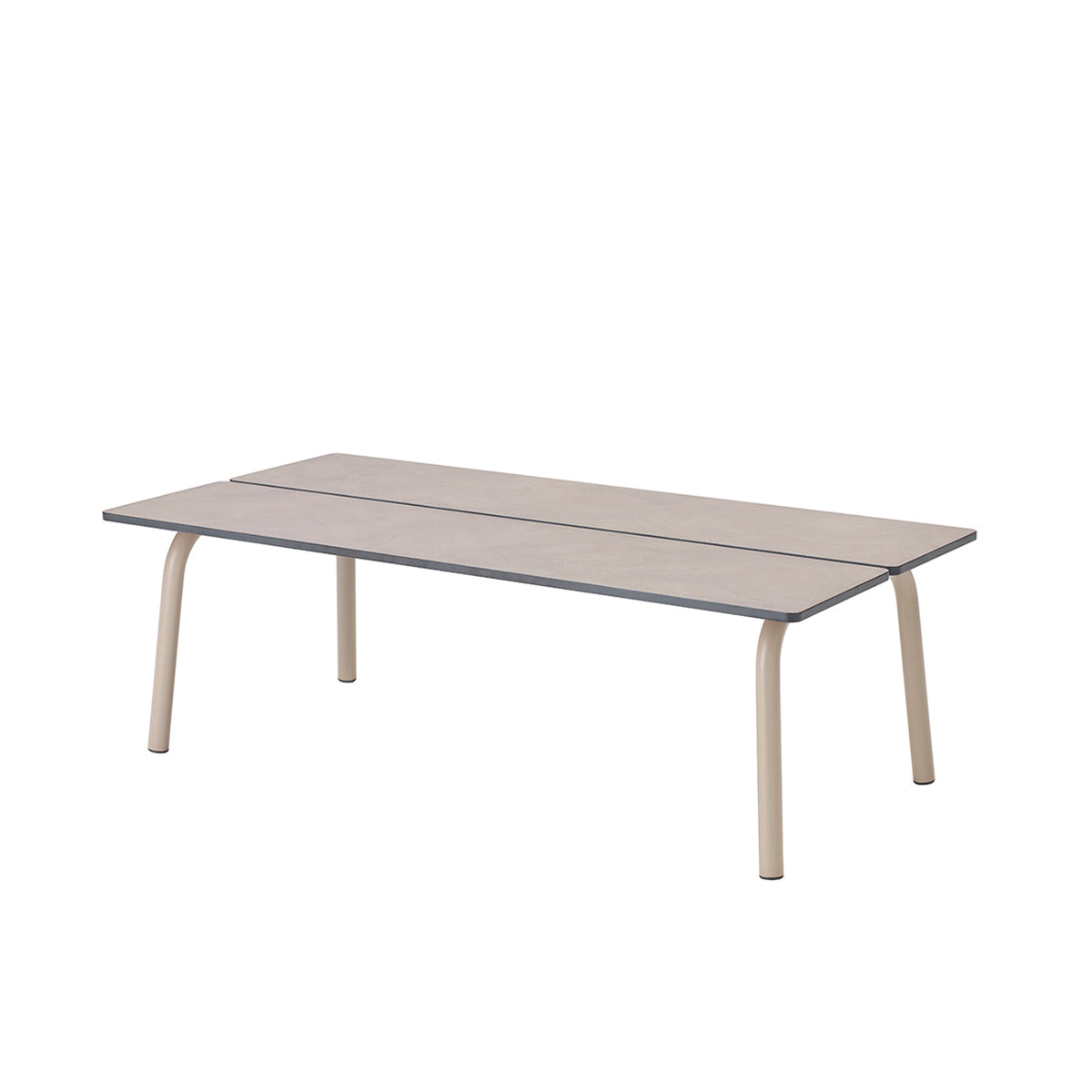Front angled view of the S•CAB Brezza outdoor coffee table with a taupe rectangular tabletop and rounded metal legs.