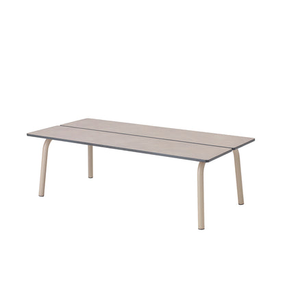 Front angled view of the S•CAB Brezza outdoor coffee table with a taupe rectangular tabletop and rounded metal legs.