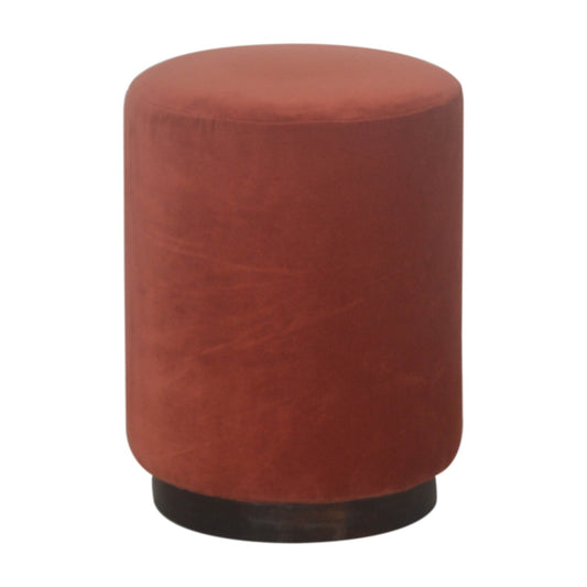 Brick Red Velvet Footstool with Wooden Base