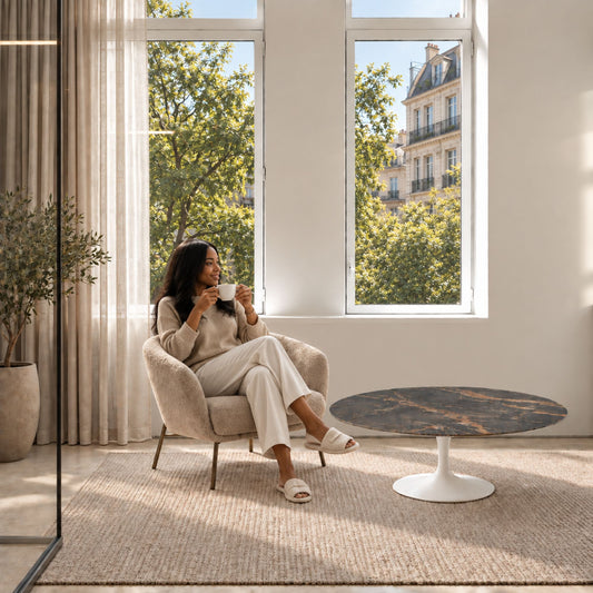 Bronze Eclipse Tulip coffee table featuring a polished Bronze Noir marble tabletop with dramatic bronze and ivory veining, paired with a glossy white tulip pedestal base. Styled in a bright contemporary living room with a modern lounge chair, large windows, and warm natural daylight. A luxury Italian designer coffee table for sophisticated modern interiors.