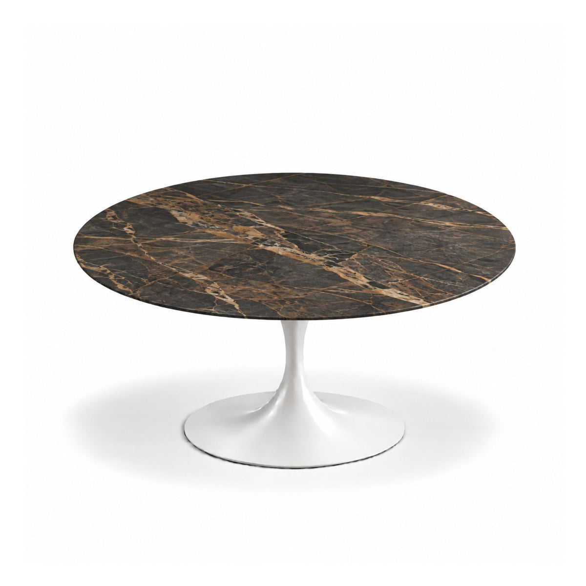Bronze Eclipse Tulip coffee table featuring a polished Bronze Noir marble tabletop with dramatic bronze and white veining, paired with a glossy white tulip pedestal base. A luxury designer coffee table for modern, contemporary, Scandinavian, and mid-century living room interiors.